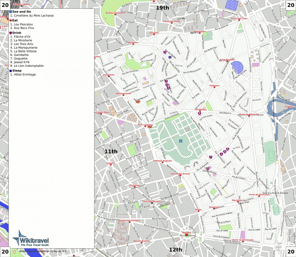 Kort over 20 arrondissement i Paris
