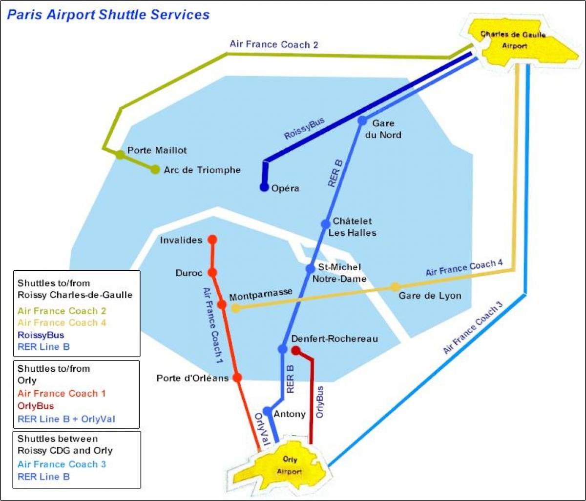 Kort over Paris lufthavnstransport